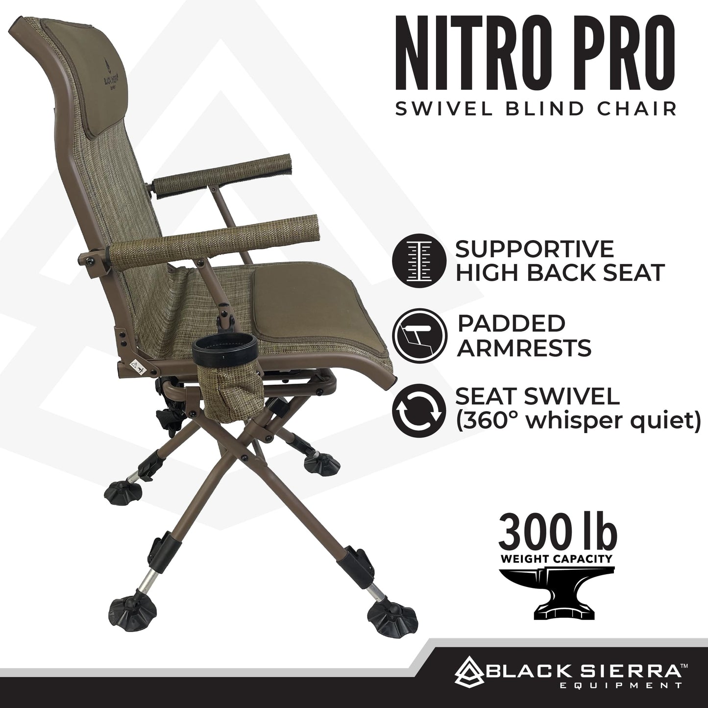 Black Sierra XL Swivel Hunting Chair 360 Silent Blind Seat Heavy Duty Support 300 lbs w/Padded Armrests, All Terrain Feet Cupholder and Carry Strap, Portable Outdoor Seat for Turkey and Deer Hunting