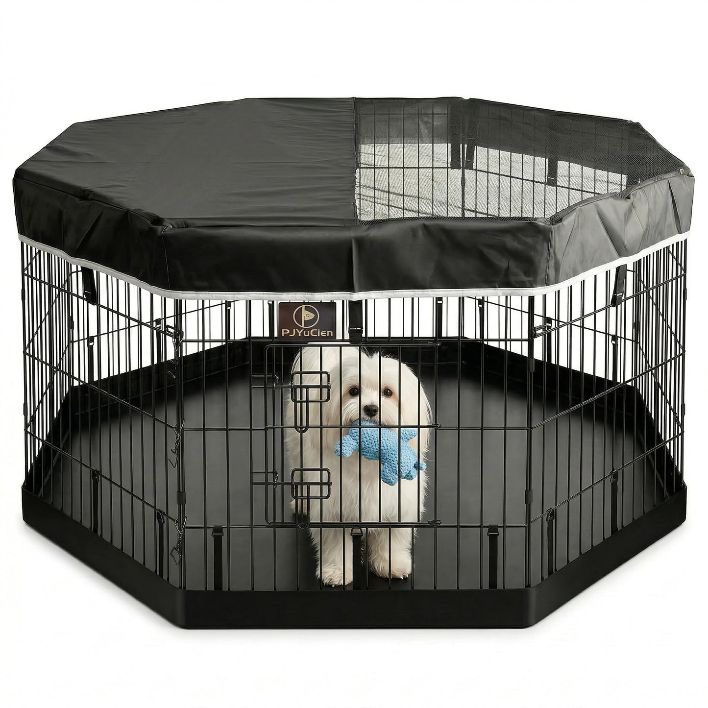 PJYuCien Octagonal Dog Playpen with Top Cover and Bottom Pad - Metal Foldable Exercise Pen, 8 Panels 24" H x 24" W Indoor Outdoor Pet Fence Puppy Crate Kennel, Black