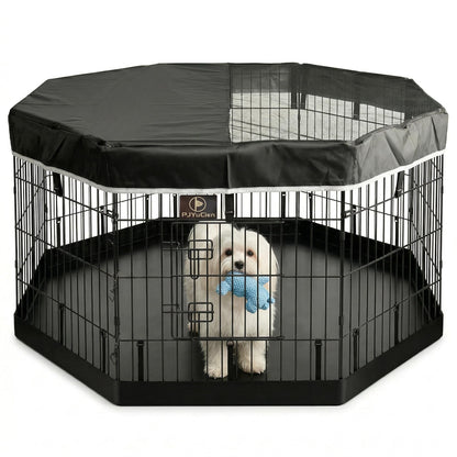 PJYuCien Octagonal Dog Playpen with Top Cover and Bottom Pad - Metal Foldable Exercise Pen, 8 Panels 24" H x 24" W Indoor Outdoor Pet Fence Puppy Crate Kennel, Black