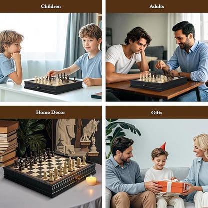 12.5’’ Wooden Chess Set Magnetic Chess Pieces with 2 Built-in Storage Drawers - Chess Broad Game for Beginner Kids Adults - 2 Bonus Extra Queens