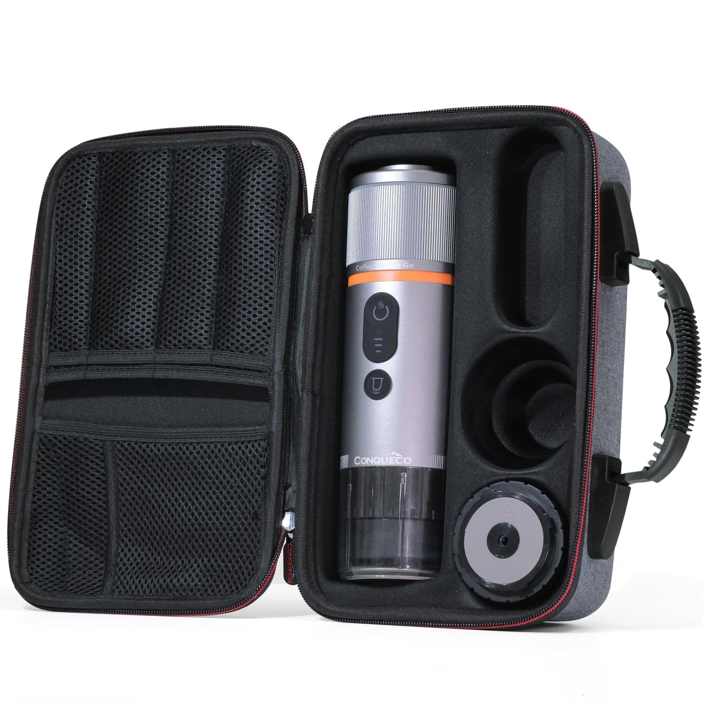 CONQUECO Portable Espresso Machine Travel: 12v Car Coffee Maker with Battery for Camping - Small Electric - 2.5 Mins Heating - Set With Ground Coffee & NS Capsule & Handbag for RV, Hiking, Office