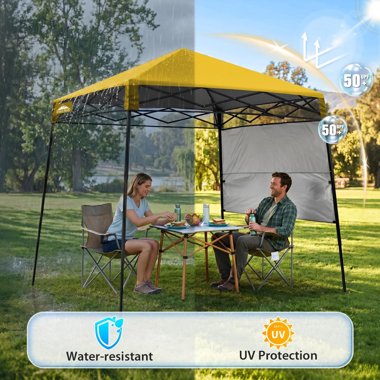 EAGLE PEAK 8x8 Pop Up Canopy Tent with Sidewall, Compact, Portable Slant Leg Instant Sun Shelter for Beach, Sports, & Camping, 8x8 Base 6x6 Top, Yellow