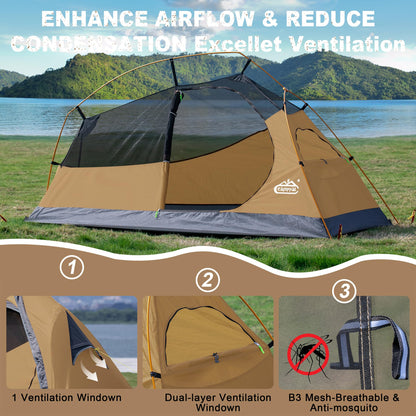 1 Person Backpacking Tent Waterproof Windproof Single Person Tent Lighweight Compact One Person Tent Easy Setup for Camping, Hiking, Mountaineering, Cycling, Biking - Khaki