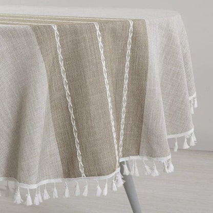 HOMBYS Solid Embroidery Oval Tablecloth with Tassels for Oval Table, 60 x 84 Inch Lace Dust-Proof Table Cover for Kitchen Dinning, Wrinkle Free Anti-Fading Tabletop Decoration