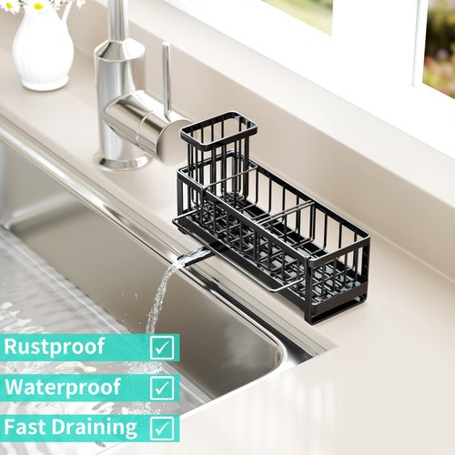 HapiRm Sponge Holder for Kitchen Sink - Self-draining Sink Caddy with Brush and Dishcloth Holders, Stainless Steel Kitchen Countertop Organizers and Storage Essentials - Black