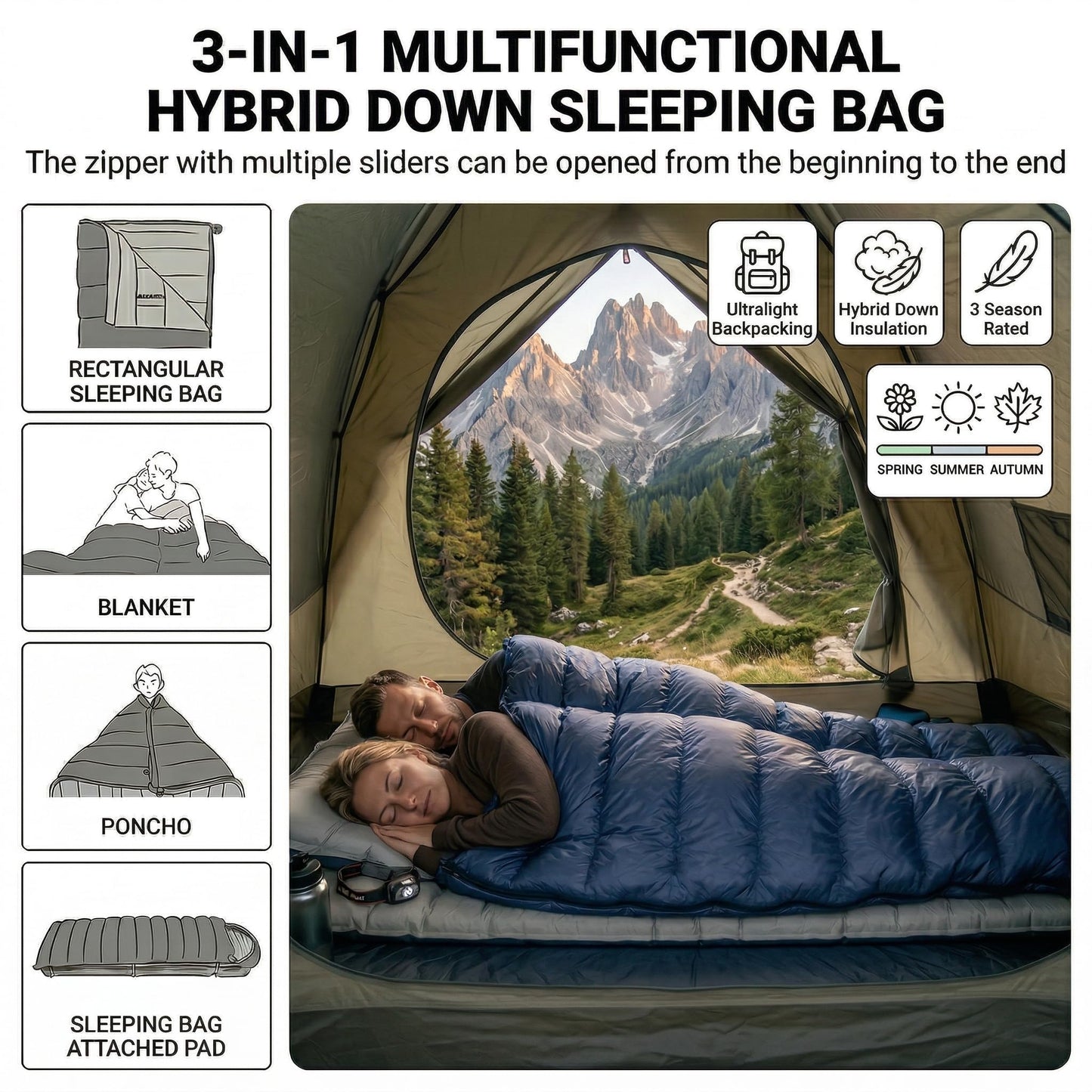 ATEPA 3-in-1 Hybrid Down Sleeping Bag, 650FP Ultralight Backpacking Sleeping Bag for Big and Tall, XL Wide 3-Season Sleeping Bag with Pad Attachment Straps & Detachable Hood for Hiking, 30°F Limit