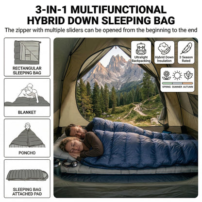 ATEPA 3-in-1 Hybrid Down Sleeping Bag, 650FP Ultralight Backpacking Sleeping Bag for Big and Tall, XL Wide 3-Season Sleeping Bag with Pad Attachment Straps & Detachable Hood for Hiking, 30°F Limit