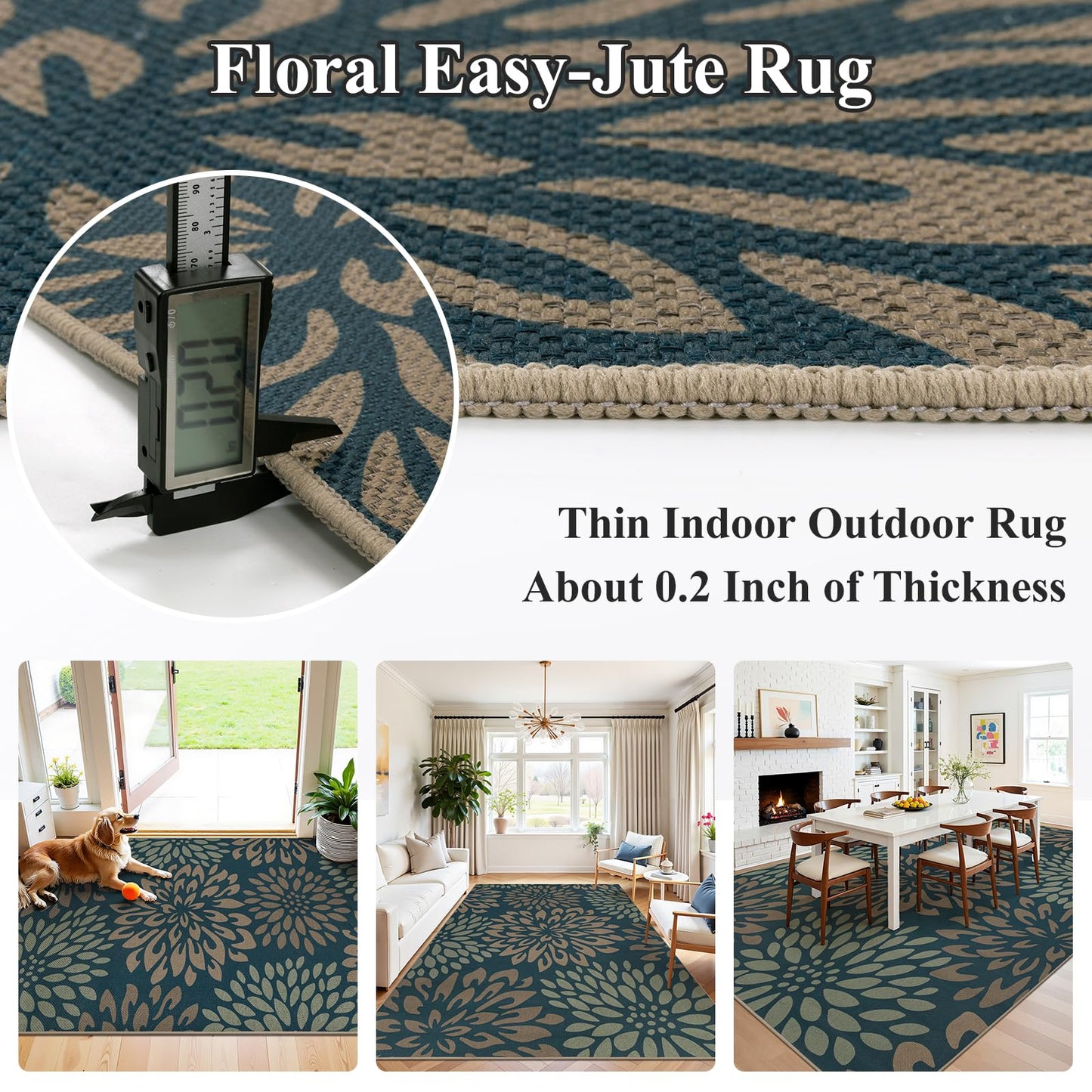 HEBE Easy Jute Area Rugs 8x10ft, Large Outdoor Rug for Patios Non Slip Washable, Floral Floor Carpet for Indoor Outdoor Bedroom Dining Room Balcony Porch