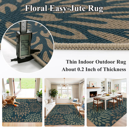 HEBE Easy Jute Area Rugs 8x10ft, Large Outdoor Rug for Patios Non Slip Washable, Floral Floor Carpet for Indoor Outdoor Bedroom Dining Room Balcony Porch