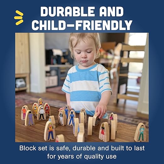 Constructive Playthings Wooden Community Helpers 25-Piece Wood Block Play Figurine Set Freestanding Inclusive and Diverse Wood Toy Figures for Kids Ages 3+