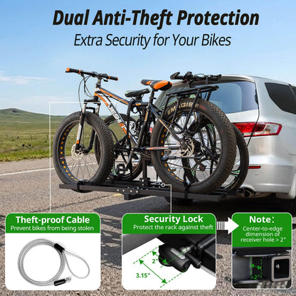 Bike Rack Hitch Mount with Ramp for 2 Bikes – Platform Ebike Rack with Anti-Theft Lock Fits Fat Tires up to 220 lbs – Foldable & Tilt Electric Bike Rack for SUV, Truck, RV – 2'' Hitch Receiver