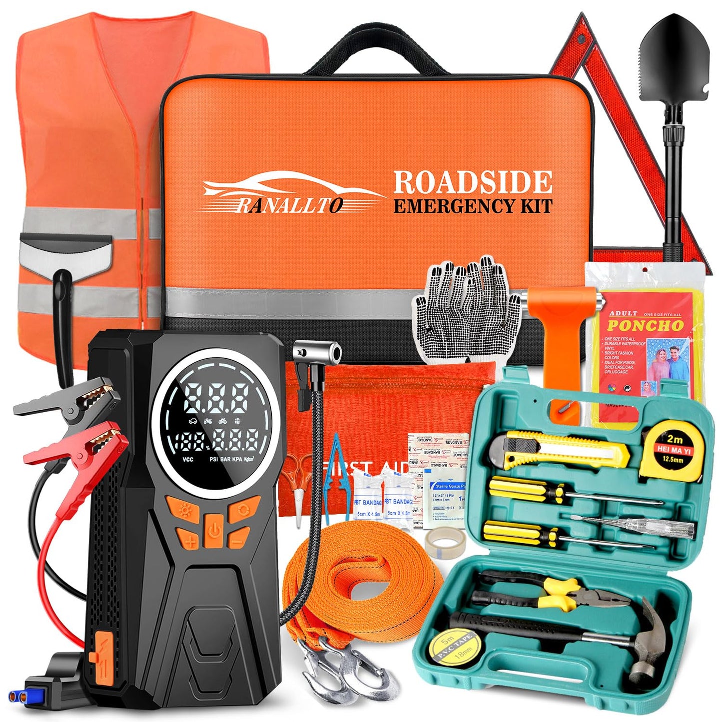 Car Emergency Kit with Jumper Starter and Air Compressor, Roadside Emergency Tool Kit for Truck Venicle Auto, Men Women Winter Travel Road Side Safety Essential Survival Bag with First Aid Kit