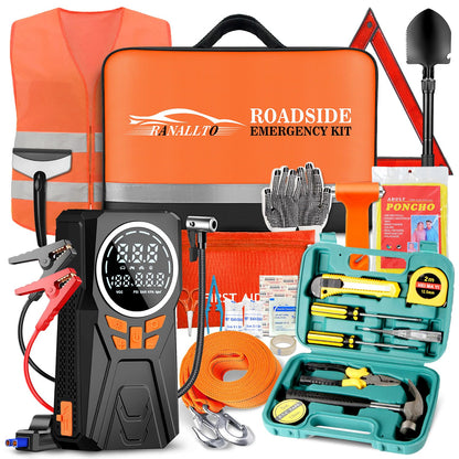 Car Emergency Kit with Jumper Starter and Air Compressor, Roadside Emergency Tool Kit for Truck Venicle Auto, Men Women Winter Travel Road Side Safety Essential Survival Bag with First Aid Kit