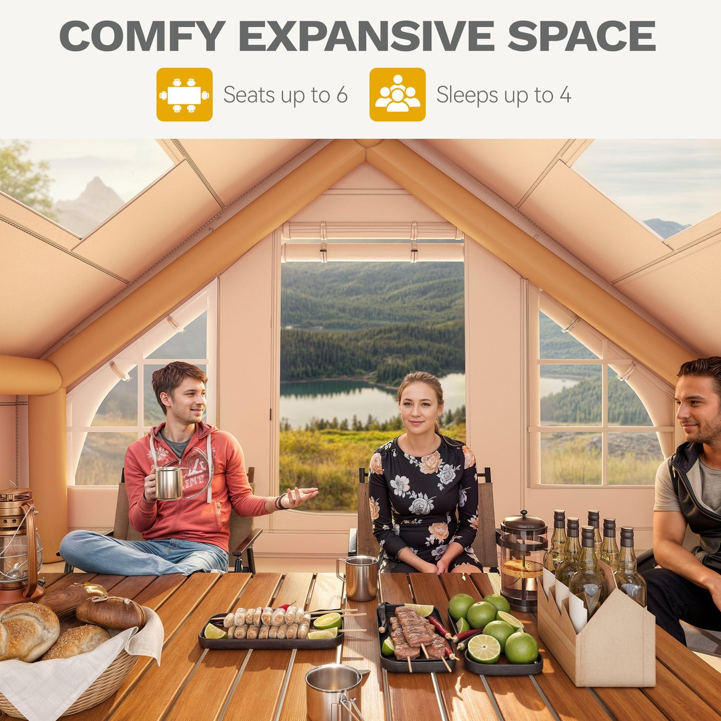 DWVO 13FT X 10FT Inflatable Camping Tents, 6-8 People Inflatable House Tents with Pump, Easy Setup with Explosion Proof Valve, Waterproof Oxford Air Glamping for Camping