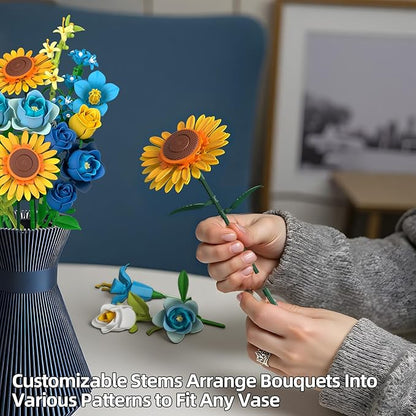 Blue Rose Flowers Valentines Gifts - Bouquet Building Set Compatible with Lego Flowers for Adults Women Van Gogh's Starry Night and Sunflowers Style Christmas Mother's Day Home Decor