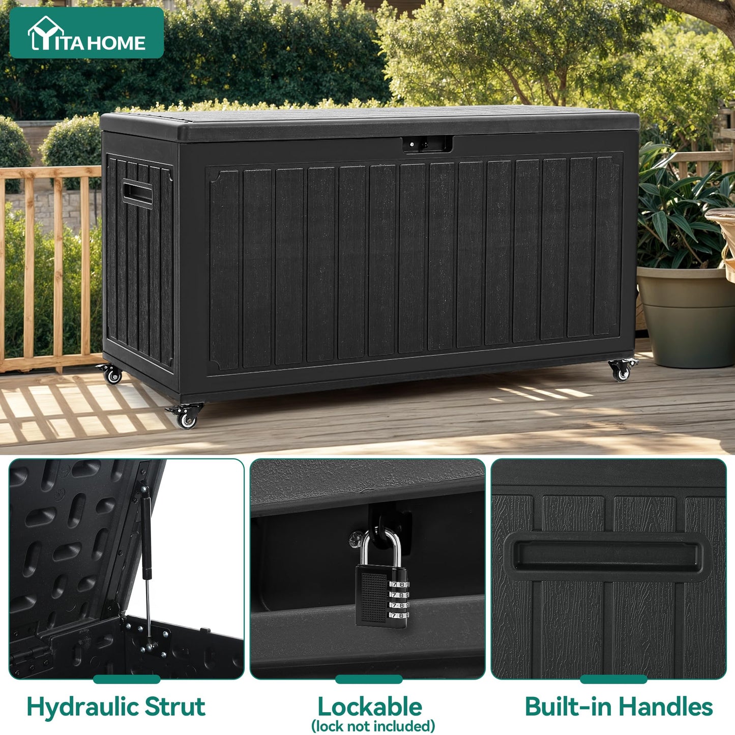 YITAHOME 90 Gallon Outdoor Storage Box with 6 Wheels, Large Double-Wall Resin Deck Box, Lockable Waterproof Outside Storage for Patio Furniture, Cushion, Pool Float, Garden Tool, Black