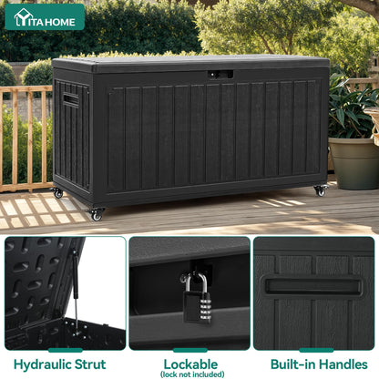 YITAHOME 90 Gallon Outdoor Storage Box with 6 Wheels, Large Double-Wall Resin Deck Box, Lockable Waterproof Outside Storage for Patio Furniture, Cushion, Pool Float, Garden Tool, Black