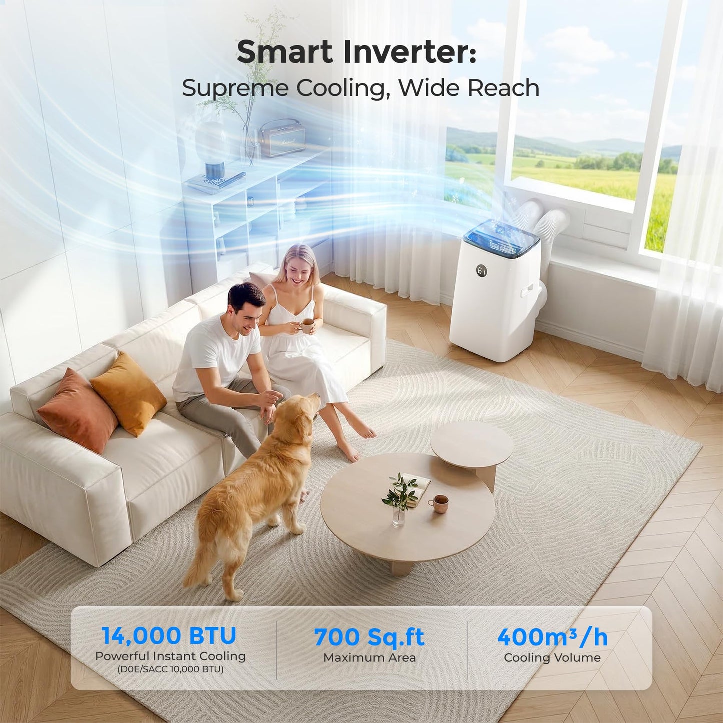 AGTANA 14000 BTU Inverter Portable Air Conditioners, Dual Hose Portable AC for Large Room up to 700 sq. ft, 3-in-1 Self-Evaporating AC Units with Fan & Dehumidifier, Quiet Sleep Mode(42dB), Auto Swing