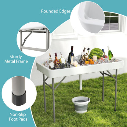 Giantex Folding Ice Cooler Table, 46'' Outdoor Chill Bar Table with Drain, Foldable Bucket & Removable Matching Skirt, for Events, Party, Camping, Buffet Beverage Server, White