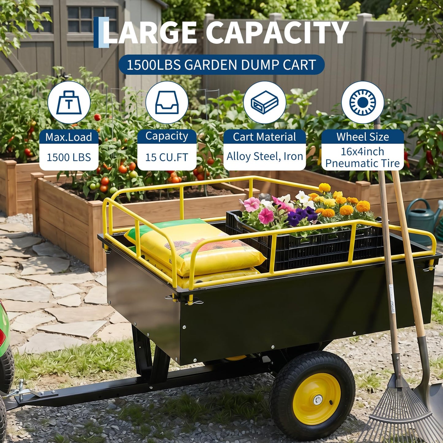 Garvee 750 LBS Capacity Utility Dump Trailer, 15 Cu Ft Heavy Duty Steel Garden Dump Cart with Removable Sides, Foot Pedal & Hand Pull Design, Compatible with ATV UTV Lawn Mower Tractor