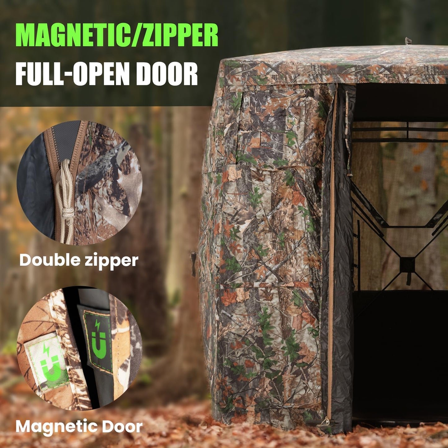 HUNTSEN 3-4 Person Hunting Blind - 270 Degree See Through Deer Blind with Magnetic Full Open Door - Pop Up Ground Blinds - Portable Resilient Hunting Tent for Deer & Turkey