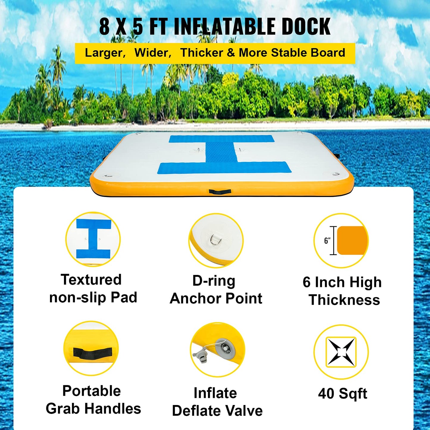 Happybuy 8x5 ft Inflatable Floating Dock, Inflatable Dock Platform 6 inches Thick, Floating Platform for Pool Beach Ocean