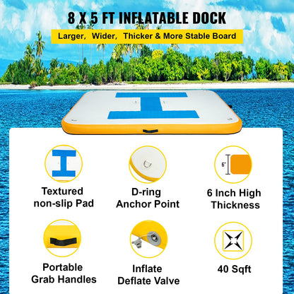 Happybuy 8x5 ft Inflatable Floating Dock, Inflatable Dock Platform 6 inches Thick, Floating Platform for Pool Beach Ocean