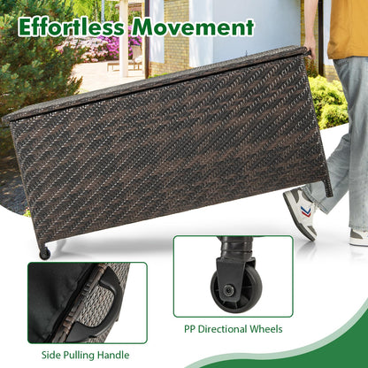 Tangkula Tightly-Woven Rattan Deck Box, Patiojoy Storage Cabinet Container with Polyester Liner, Universal Wheels & Gas Strut, 85 Gallon Indoor Outdoor Storage Box for Pillows, Cushions (Brown)