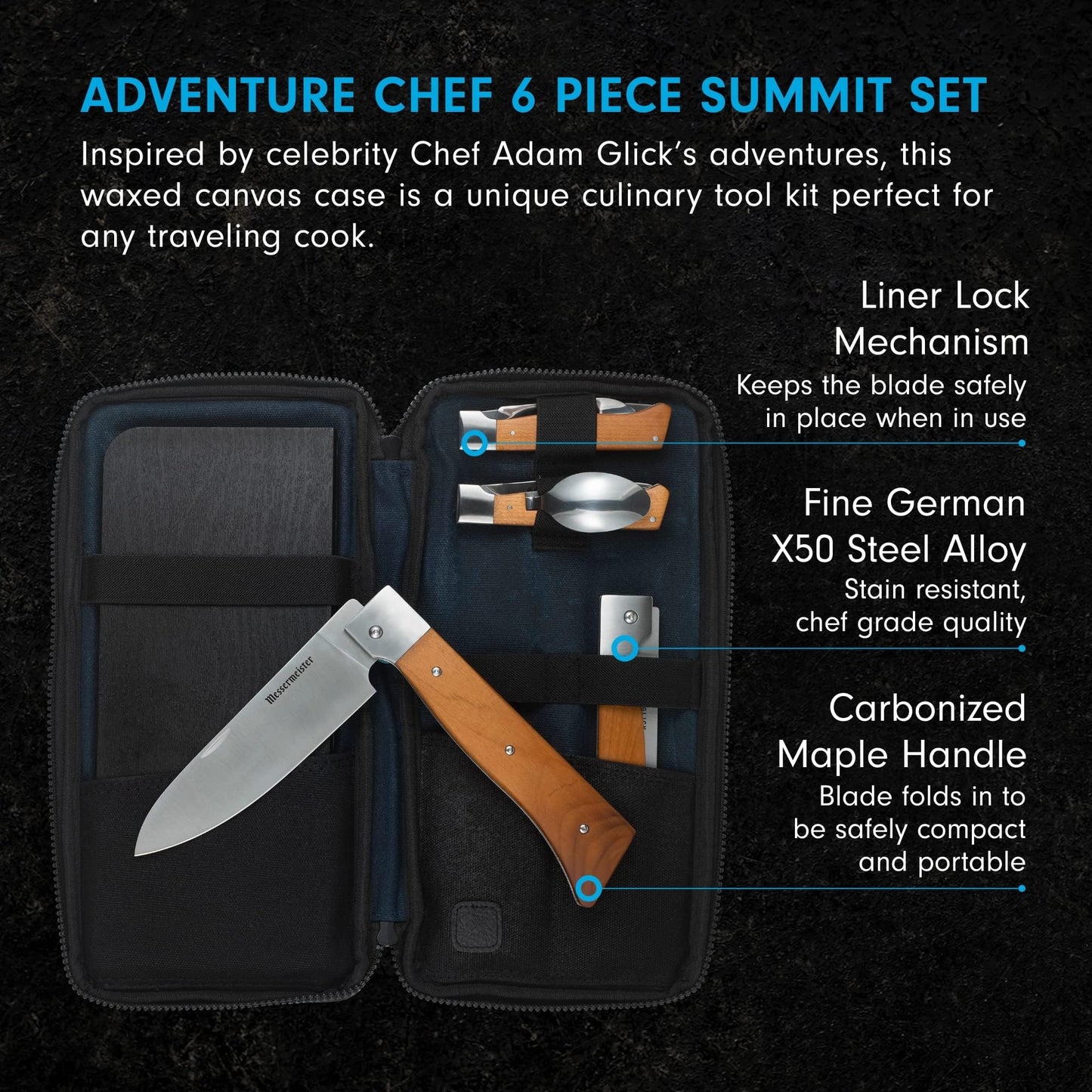 Messermeister Adventure Chef Summit Set, Carbonized Maple - Folding 6” Chef’s Knife, 6” Fillet Knife, Steak Knife, Fork & Spoon, Peeler & Parer, TPE Cutting Board + Waxed Canvas Case