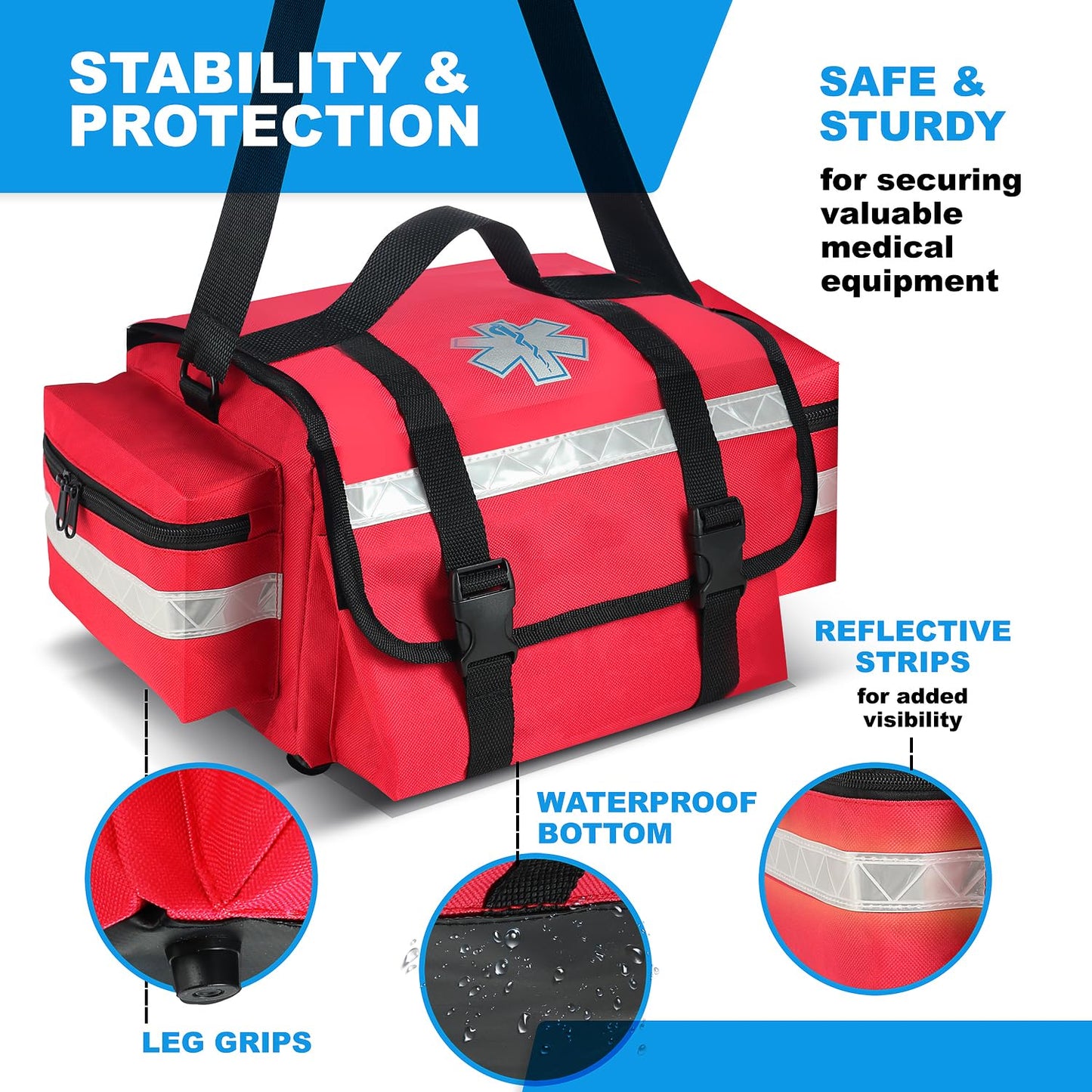 Primacare Fully Stocked Reflective Trauma Bag - 17" x 9" x 7" First Aid Responder Emergency Medical Supplies Kit, Professional EMT EMS Shoulder Bag with Zippered Side Pockets and Compartments (Red)