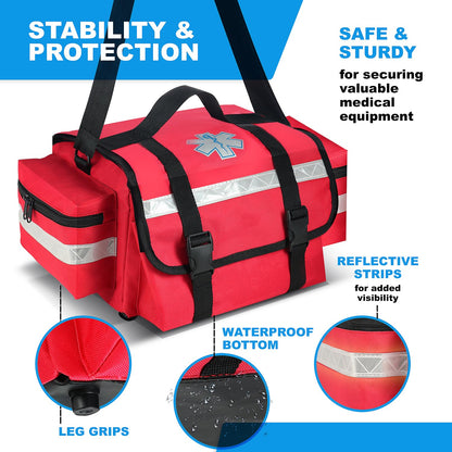Primacare Fully Stocked Reflective Trauma Bag - 17" x 9" x 7" First Aid Responder Emergency Medical Supplies Kit, Professional EMT EMS Shoulder Bag with Zippered Side Pockets and Compartments (Red)