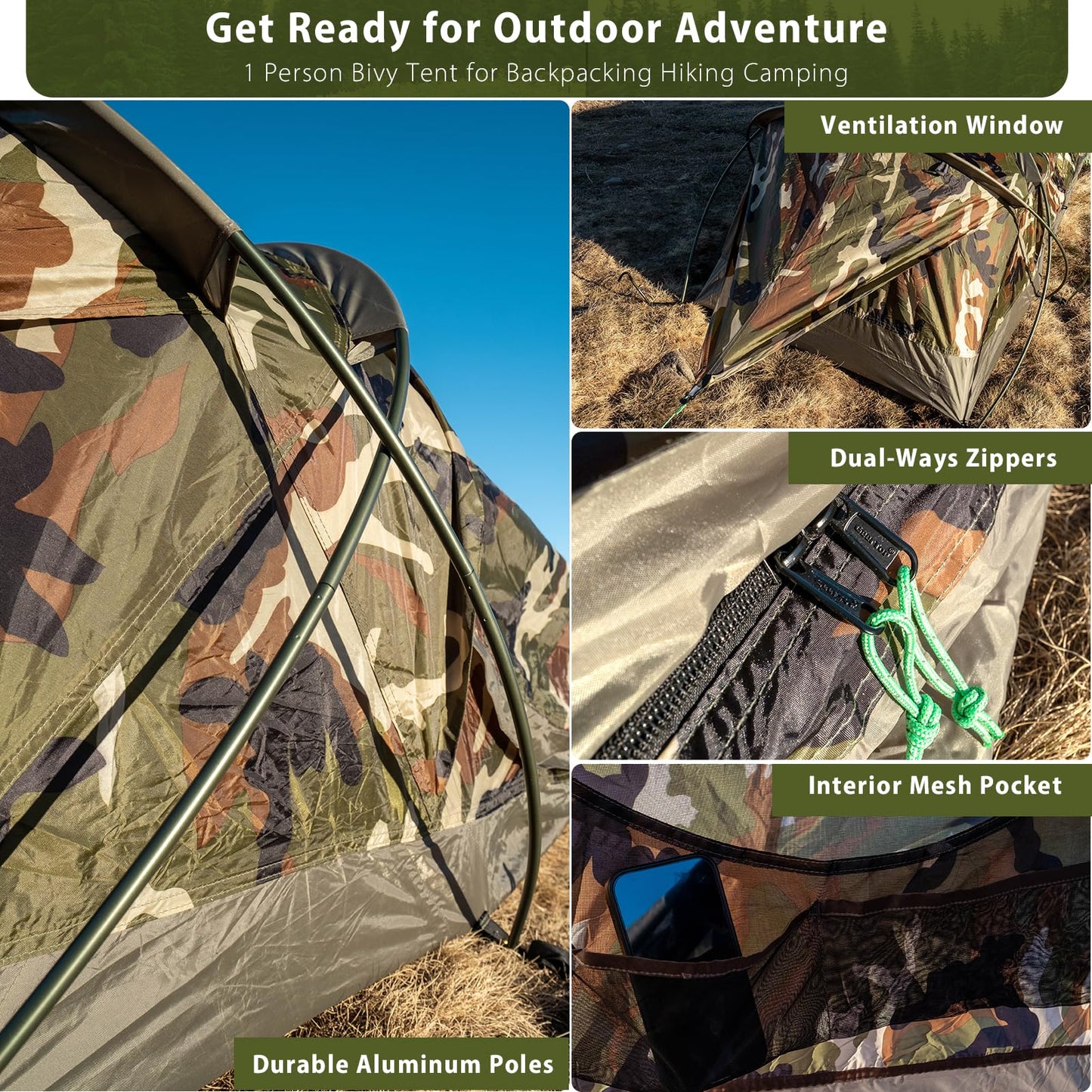 GEERTOP Ultralight 1 Person Bivy Tent for Camp Waterproof Single Man Tent for Camping Hiking Backpacking Hunting Outdoor Survival Gear - Easy Set Up