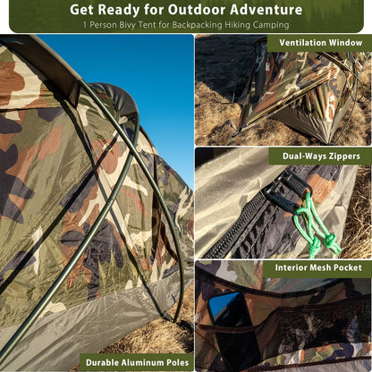 GEERTOP Ultralight 1 Person Bivy Tent for Camp Waterproof Single Man Tent for Camping Hiking Backpacking Hunting Outdoor Survival Gear - Easy Set Up