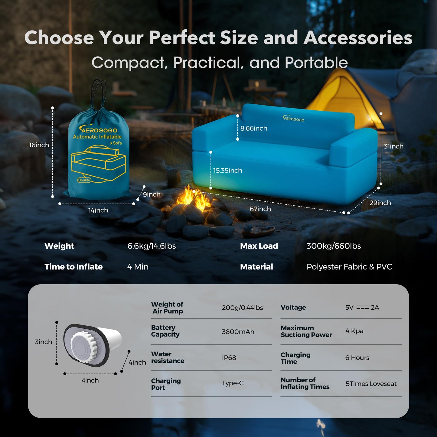 Inflatable Couch for Camping with Built-in Pump, Portable Blow Up Sofa, Multifunctional Inflatable Furniture has High-Pressure Resistant Fabric Suitable for Backyard Beach Music Festival Party (Blue)