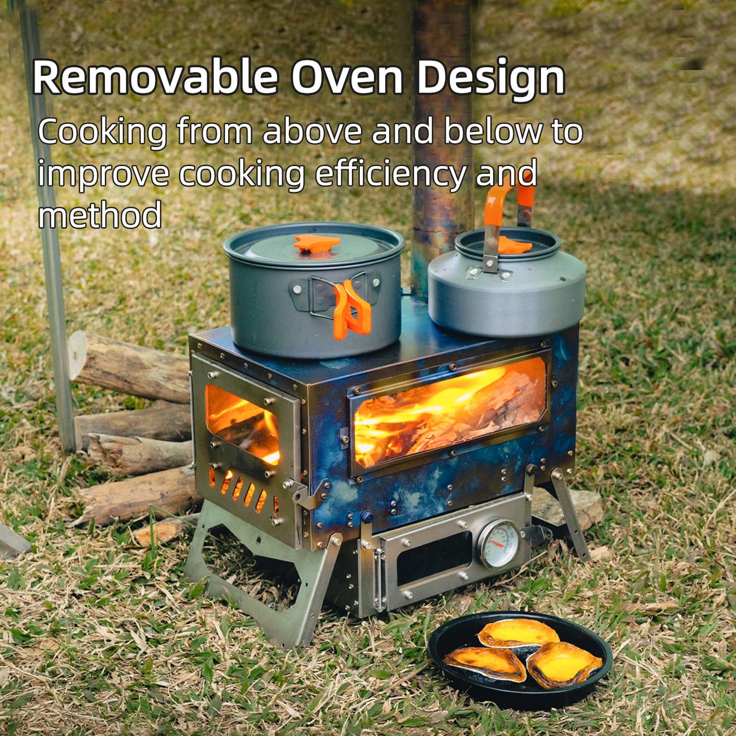 Trekrevive Magma Mini Titanium Tent Stove with Removable Oven, Secondary Air Intake, Lightweight and Portable, Titanium Camping Stove Used for Backpacking, Tent Heating, Cooking Baking