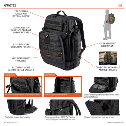 5.11 Tactical Backpack‚ Rush 72 2.0‚ Military Molle Pack, CCW with Multiple Compartments, 55 Liter, Large, Style 56565‚ Black