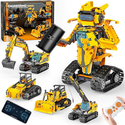 5in1 STEM Robot Building Kits for Kids 6-14 Remote &amp APP Controlled STEM Excavator/Bulldozer/Crane/Robot Building Toys 736 Pcs Educational Building Sets for Kids Erector Sets Gifts for Boys Gir