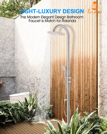 RALANDA Free Standing Outdoor Shower, 5-Function Shower Kit Nickel with 10''Rain Shower Head, Stainless Steel Outdoor Shower Fixture for Backyard Beach Poolside,Floor Mounted