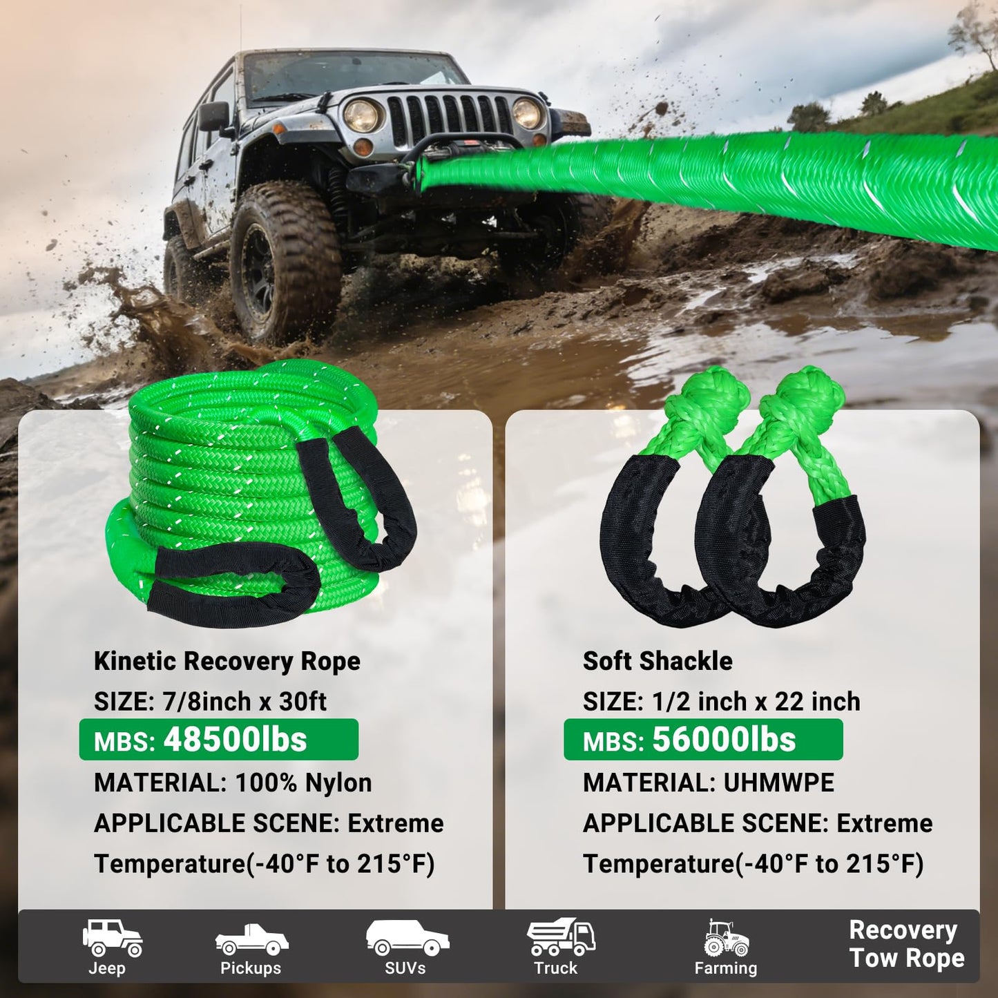 DAJOUJS Kinetic Recovery Tow Rope 7/8" x 30ft Tow Strap 48500lbs Snatch Strap with 2Pcs Soft Shackles 56000lbs Break Strength Heavy Duty Kinetic Towing Rope for Truck ATV UTV Offroad Recovery Rope Kit