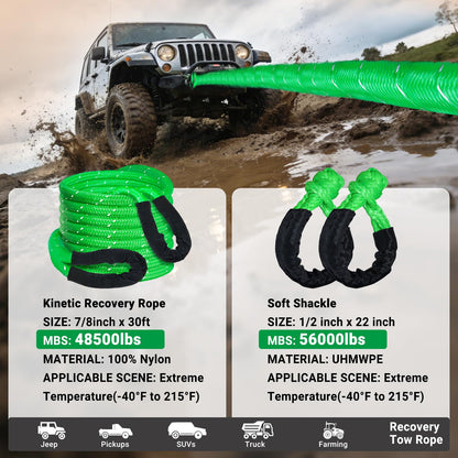 DAJOUJS Kinetic Recovery Tow Rope 7/8" x 30ft Tow Strap 48500lbs Snatch Strap with 2Pcs Soft Shackles 56000lbs Break Strength Heavy Duty Kinetic Towing Rope for Truck ATV UTV Offroad Recovery Rope Kit