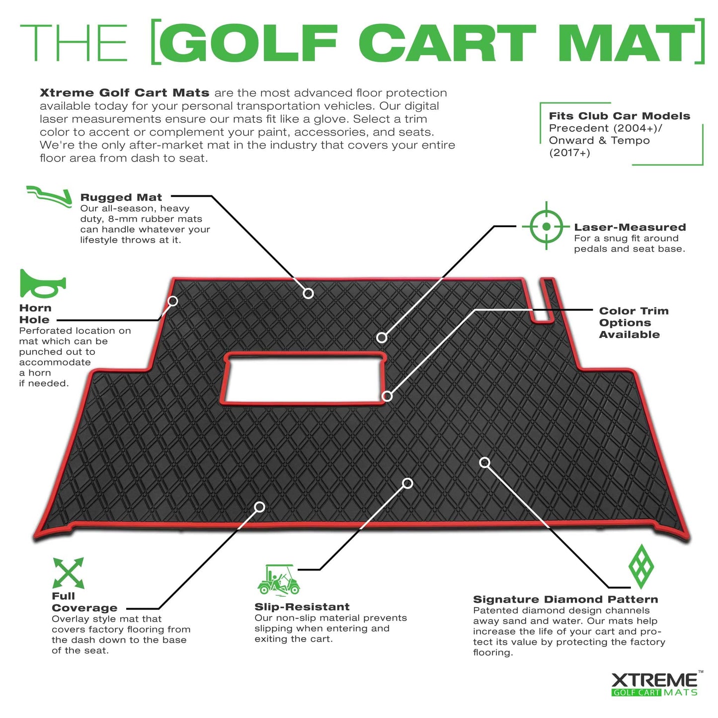 Xtreme Golf Cart Mats Rubber Floor Mat Compatible with Club Car Precedent (04-25), Onward & Tempo (17-25), Villager & V4L (19-24) Golf Cart Models | Full Coverage Liner Protection - Grey Trim