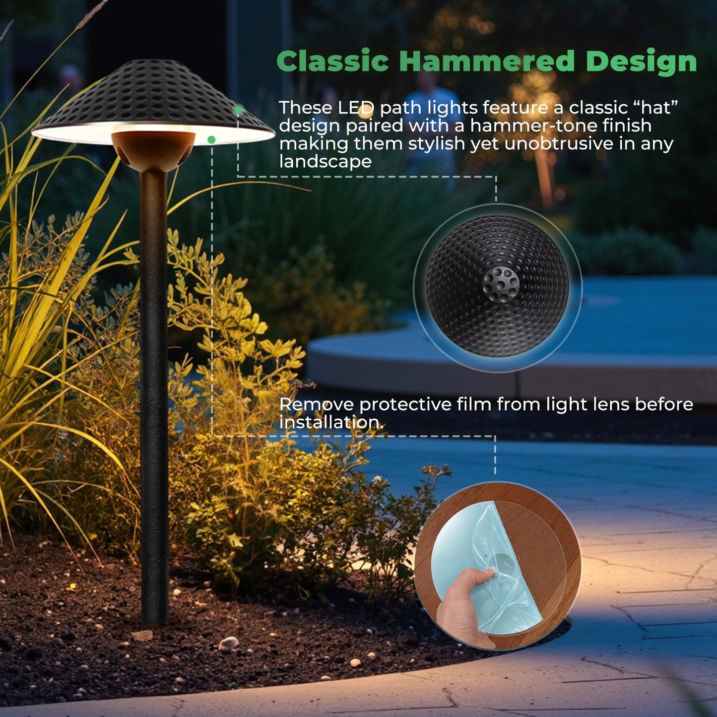 Gardencoin Low Voltage Pathway Lights (6.69'' Shade, 21.54'' Tall) 12V Outdoor LED Landscape Pathway Lighting Aluminum Vintage Hammered Path Lights with 4W 2700K Replaceable Bulb, 4 Pack