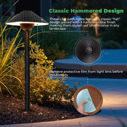 Gardencoin Low Voltage Pathway Lights (6.69'' Shade, 21.54'' Tall) 12V Outdoor LED Landscape Pathway Lighting Aluminum Vintage Hammered Path Lights with 4W 2700K Replaceable Bulb, 4 Pack