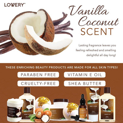 Gifts For Women Gift Basket for Women– Mothers Day Gifts for Mom, 9 Piece Set of Vanilla Coconut Home Spa Set, Luxurious Bath and Body Set, Includes Fragrant Lotions, Large Bath Bombs, Coconut Oil