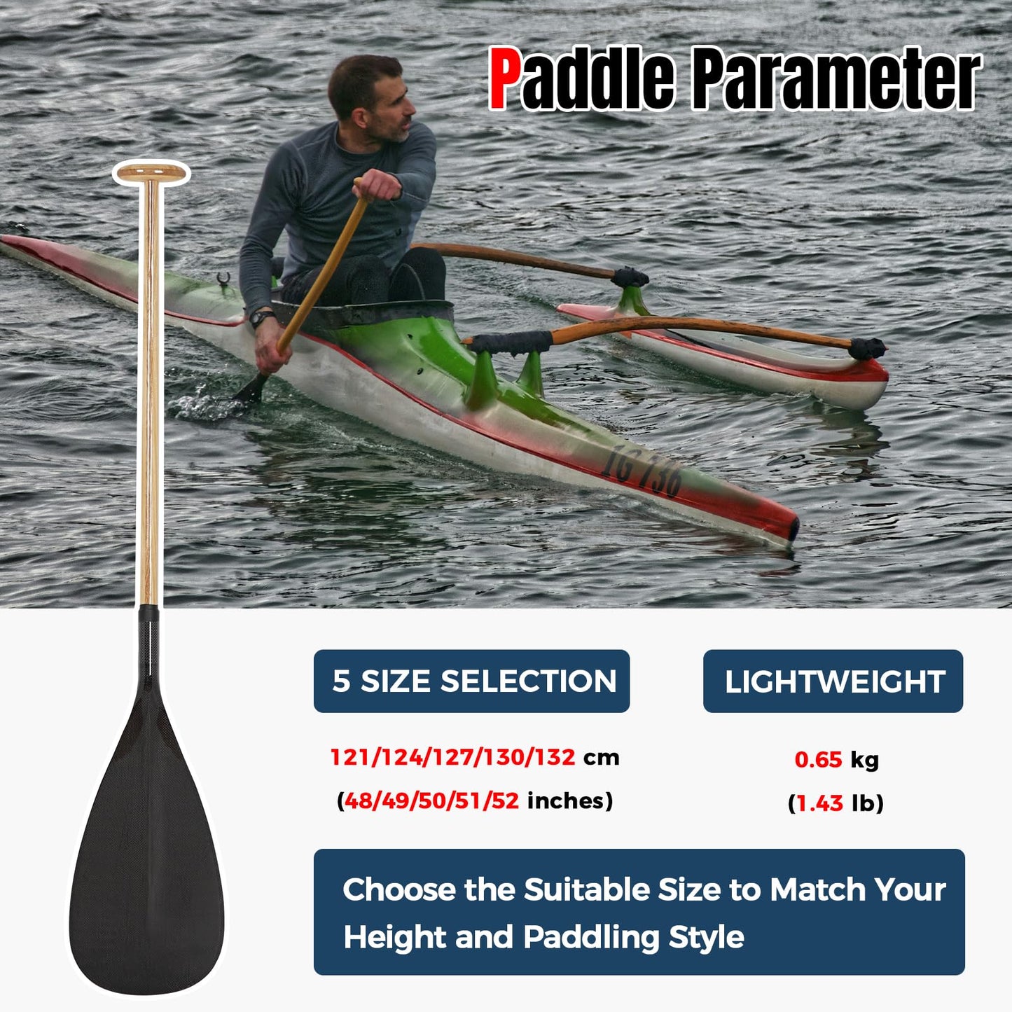 LINGVUM Hybrid Outrigger Canoe Paddle with Wooden Shaft and Carbon Fiber Blade, Lightweight and Durable OC Paddle, 48"