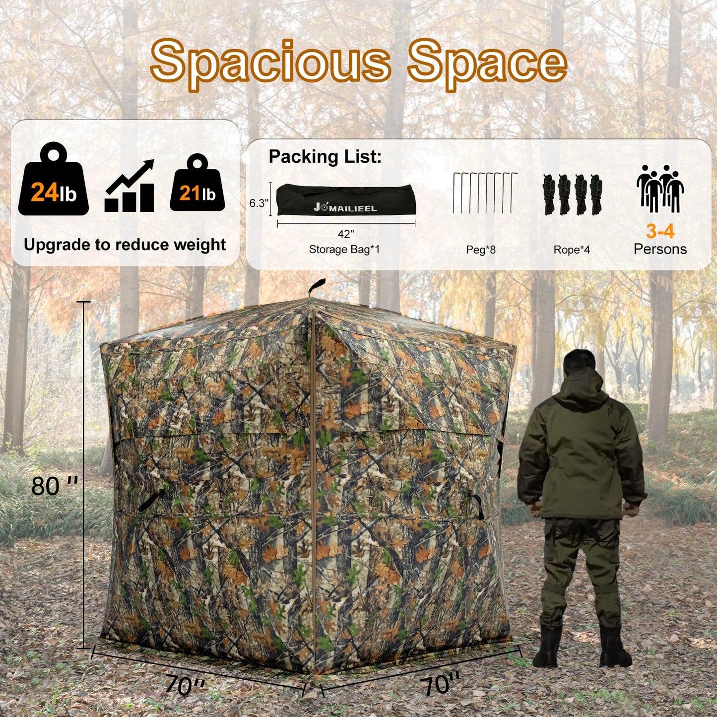 JOMAILIEEL 360 Degree See Through Ground Blinds for Deer and Turkey, Pop Up Deer Blind with Double Doors, Portable Carry Bag and Quiet- Fast Setup