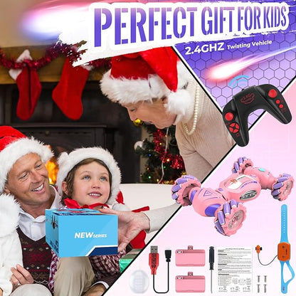 Pink Remote Control Car Toys Gifts for Girls 6-12 with Light &amp Music &amp Spray 2.4Ghz 4WD Double-Sided 360° Rotating Gesture Sensing RC Stunt Car Birthday for Girls Kids