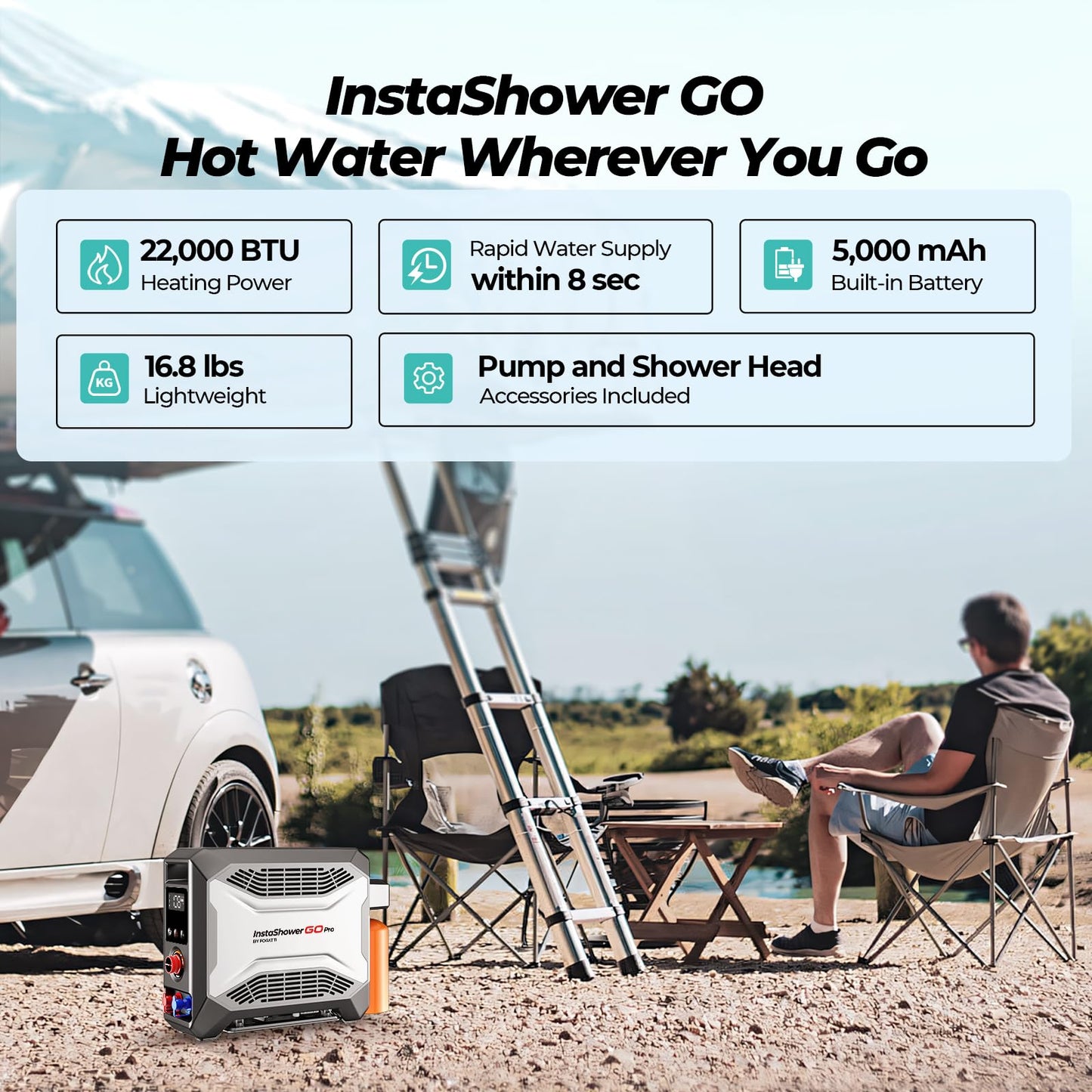 FOGATTI InstaShower GO Pro Portable Propane Hot Shower System, 22,000 BTU Instant Water Heater with 5000mAh Built-in Battery, 12V Pump, All-in-One Outdoor Shower for Camping, Pets & Off-Grid Use