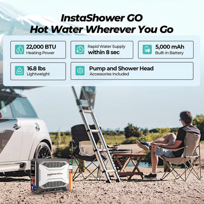 FOGATTI InstaShower GO Pro Portable Propane Hot Shower System, 22,000 BTU Instant Water Heater with 5000mAh Built-in Battery, 12V Pump, All-in-One Outdoor Shower for Camping, Pets & Off-Grid Use