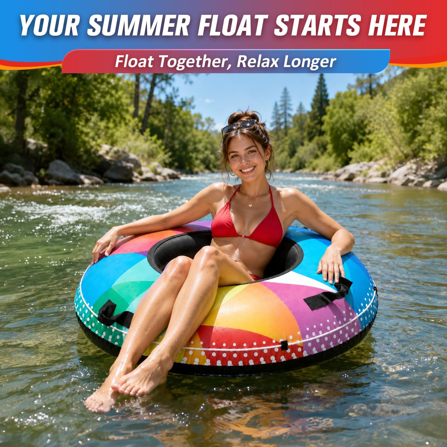ZEALFEEL River Tube, 48'' Heavy Duty Rubber River Float Tube with Commercial Grade Inner Tube, Premium Canvas Cover, Removable Cup Holder & Tow Strap, Inflatable Tube for Adults Lake Pool Floating